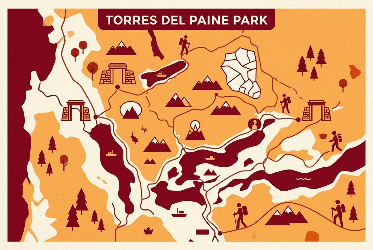 Illustrated map of Torres del Paine National Park showing the main entrance gates, lakes, glacier and viewpoints used by day tours and treks, labeled in a clean travel infographic style