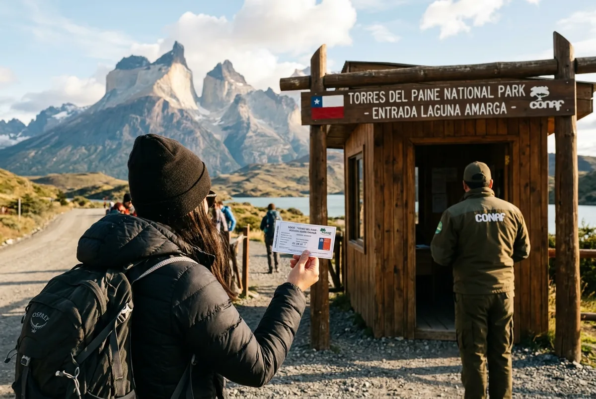 Viajero mostrando su entrada digital a Torres del Paine en el teléfono frente a la portería de Laguna Amarga, con las torres de granito visibles al fondo