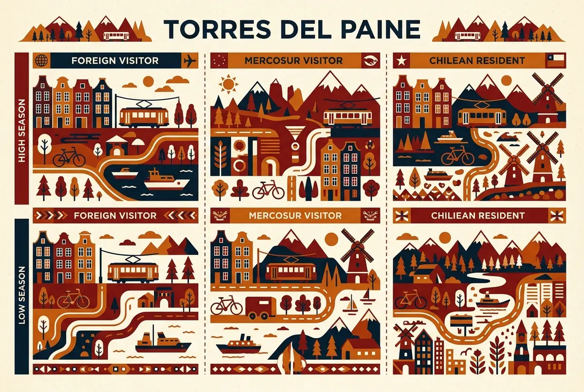 Infografía comparando temporada alta y temporada baja en Torres del Paine con íconos de sol y nieve, mostrando menor afluencia de visitantes y tarifa reducida en los meses de invierno