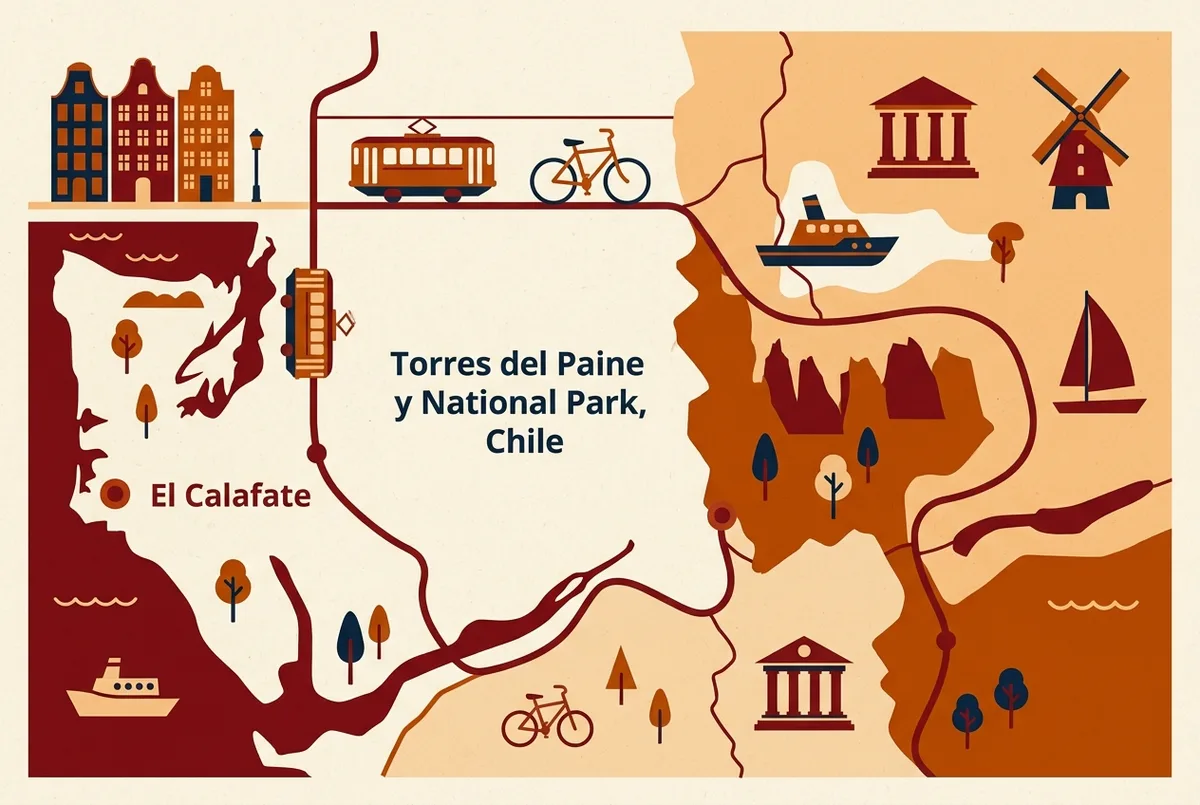 Route map infographic showing the border crossing route from El Calafate Argentina to Torres del Paine National Park in Chile