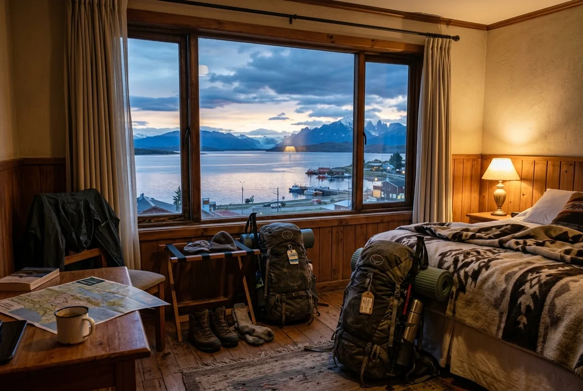 Habitación de hotel boutique acogedora en Puerto Natales con vista al Seno Última Esperanza al atardecer y una maleta lista para un viaje a Torres del Paine