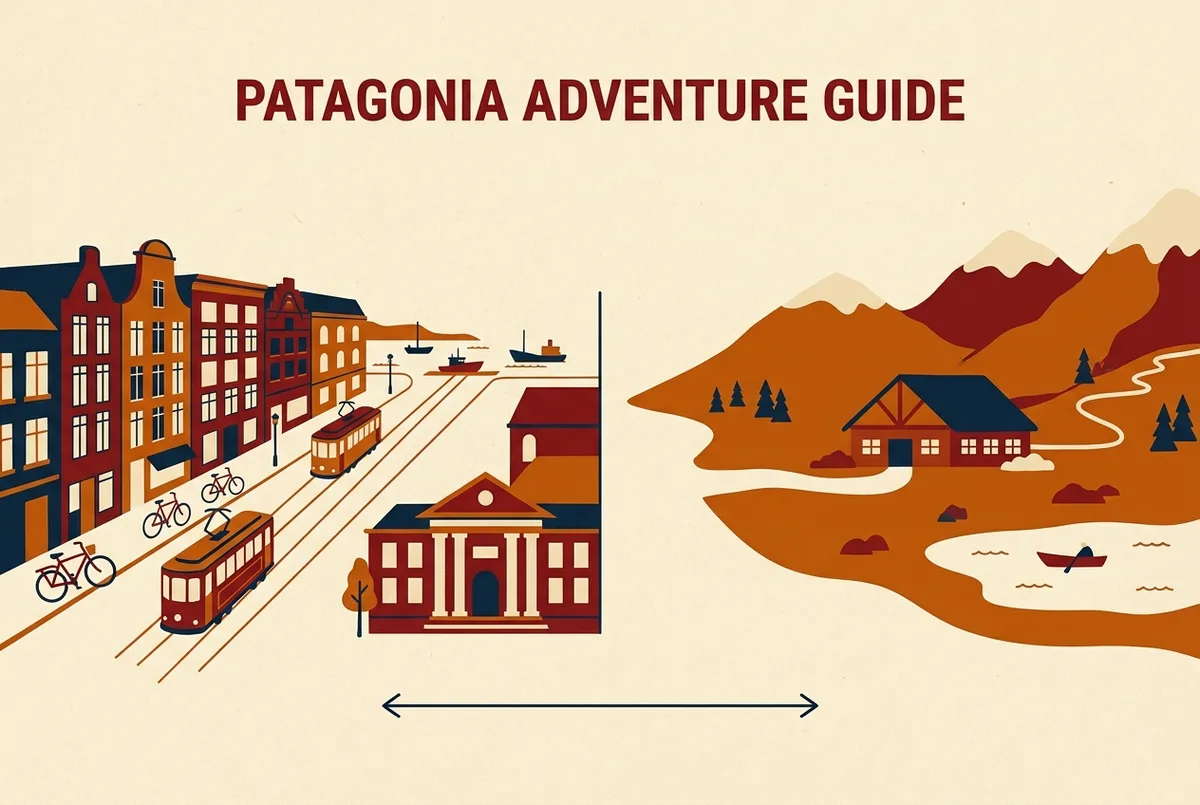 Infografía tipo comparación dividida en dos escenas: una calle de hotel en Puerto Natales a un lado y un lodge dentro del parque cerca de senderos de montaña al otro, con una flecha simple de distancia entre ambas